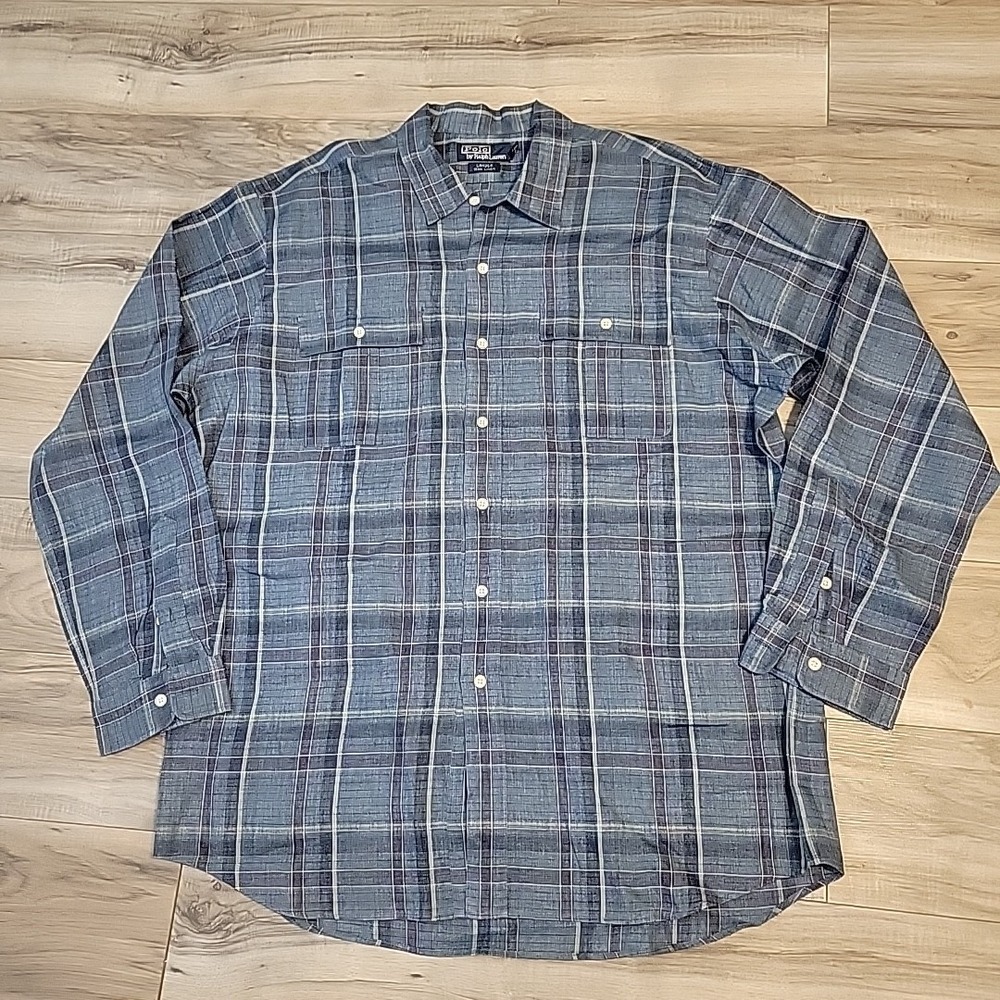 Ralph Lauren Polo Linen Shirt Mens XL Blue Plaid Button Up Long Sleeve‎  Preppy